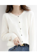 Women Casual Wear Round Neck Button Closure Regular Fit Solid Pattern Knitted Winter Warm Cardigan