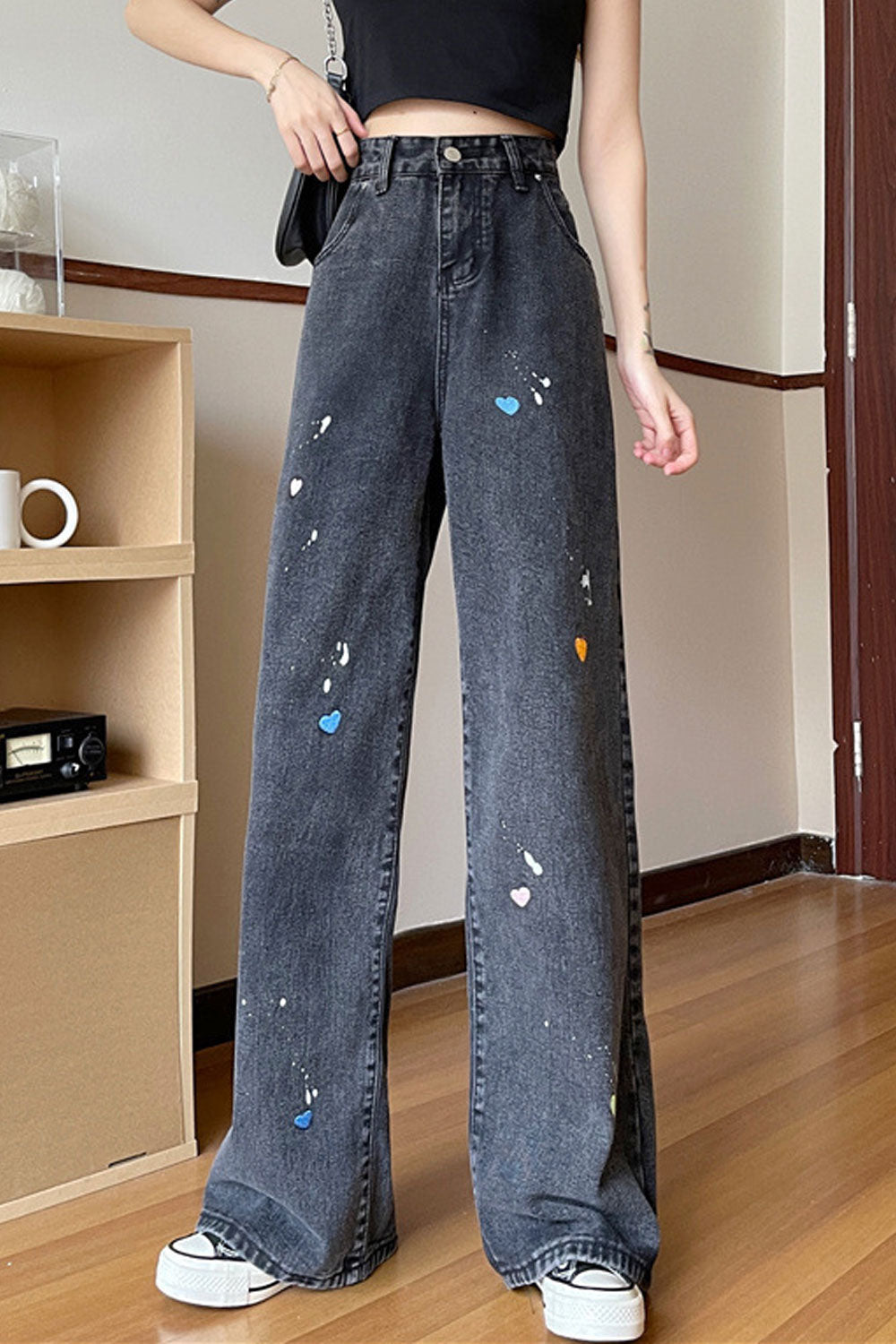 Women Relaxed Fit Button High-Waist Pockets Styled Wide-Legs Fashion Straight Denim Jeans