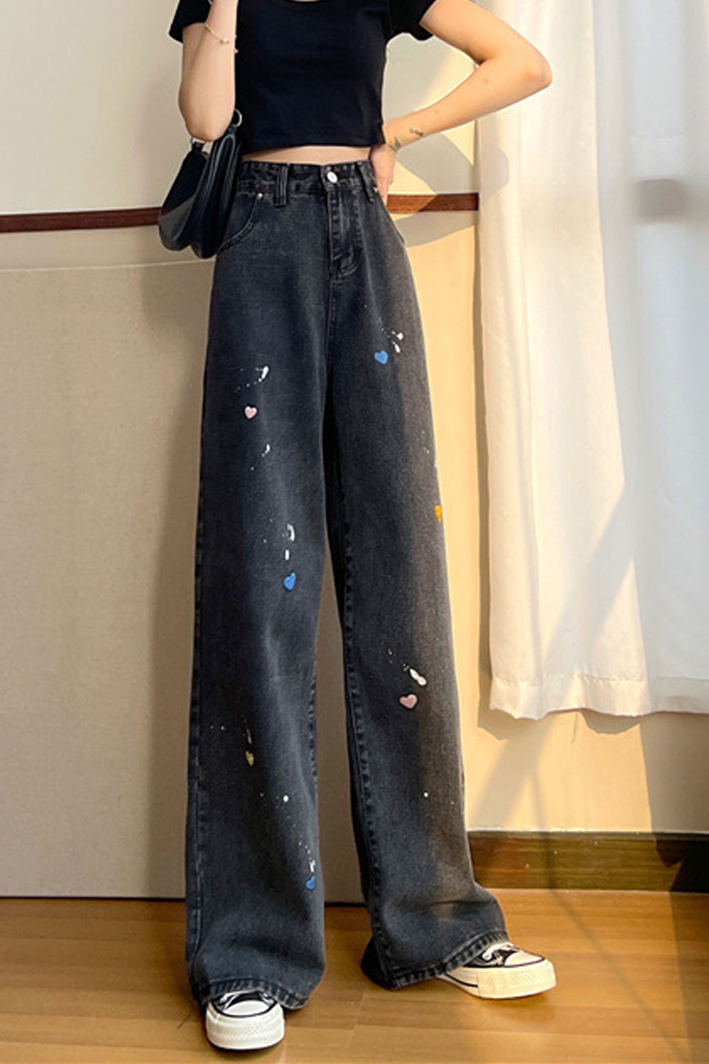 Women Relaxed Fit Button High-Waist Pockets Styled Wide-Legs Fashion Straight Denim Jeans