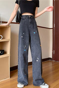 Women Relaxed Fit Button High-Waist Pockets Styled Wide-Legs Fashion Straight Denim Jeans