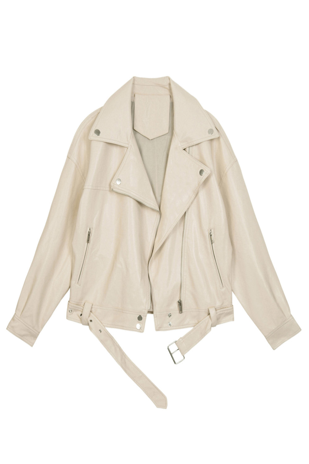 Women Fascinating Lapel Collar Neck Long Sleeves Buttoned Cuff Waist Belt & Buckle Oblique Zipper Loose Short Leather Jacket