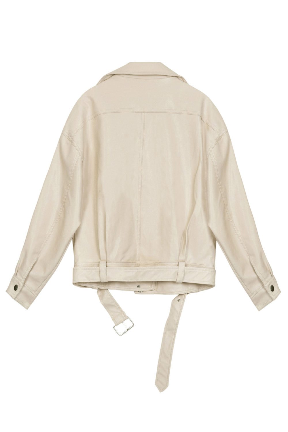 Women Fascinating Lapel Collar Neck Long Sleeves Buttoned Cuff Waist Belt & Buckle Oblique Zipper Loose Short Leather Jacket
