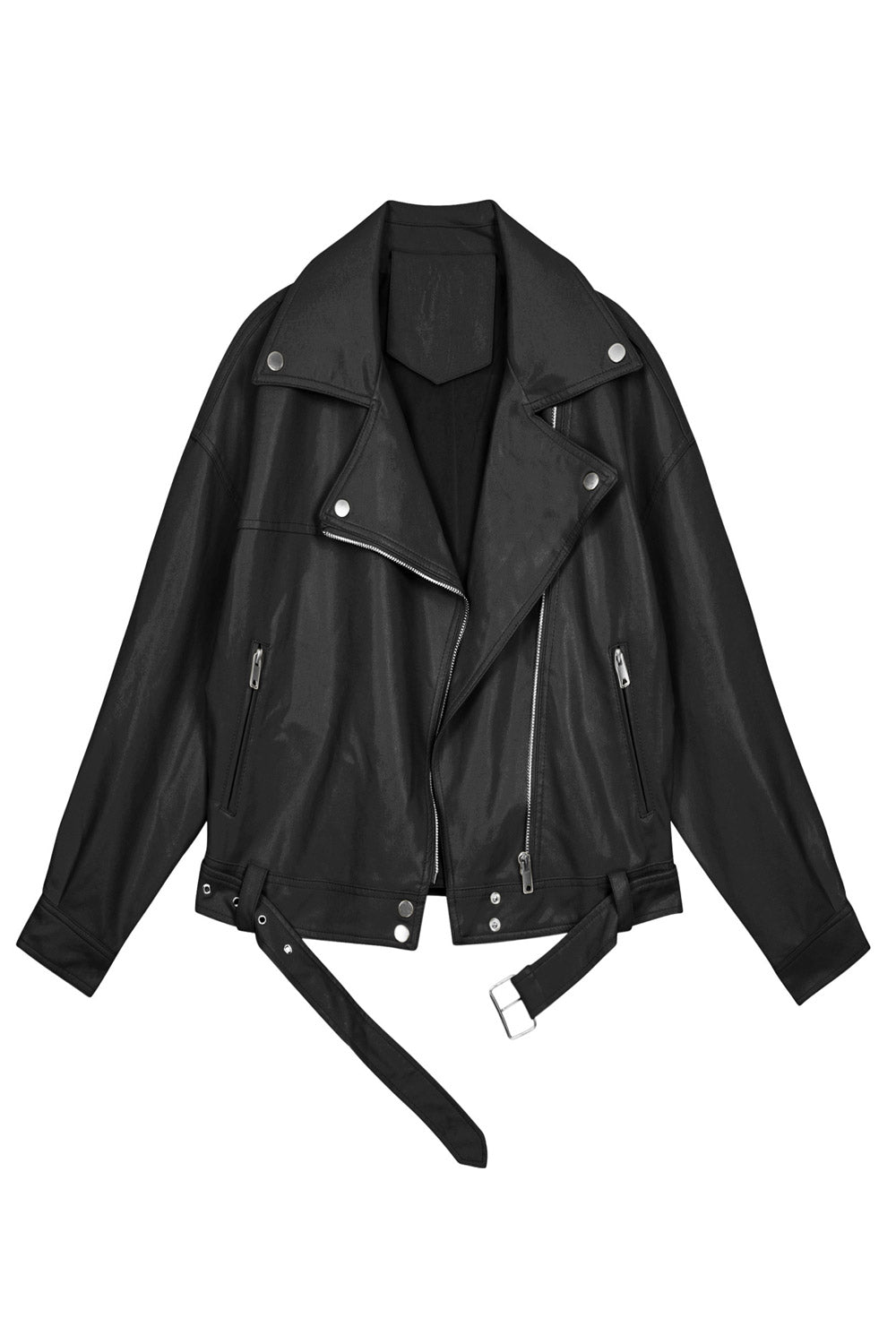 Women Fascinating Lapel Collar Neck Long Sleeves Buttoned Cuff Waist Belt & Buckle Oblique Zipper Loose Short Leather Jacket