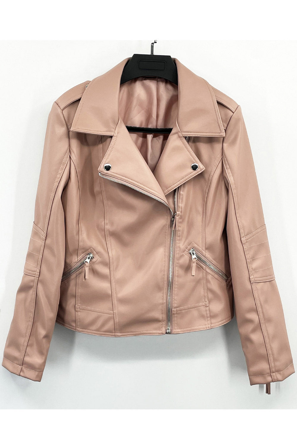 Women Professional Lapel Collar Neck Oblique Zipper & Side Zippered Pocket Long Sleeves Short Top Style Leather Jacket