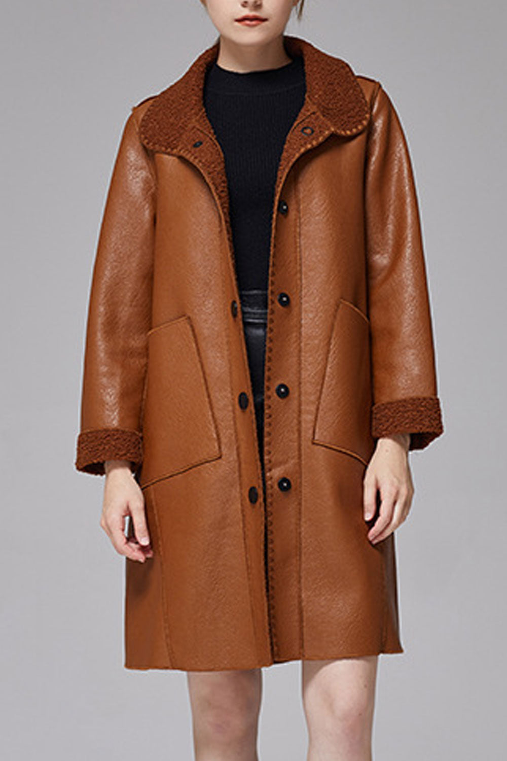 Women Latest Stylish Relax able Material Collar Neck Looses Long Sleeves & Patch Pocket Buttoned Fastener Warm Winter Leather Tr