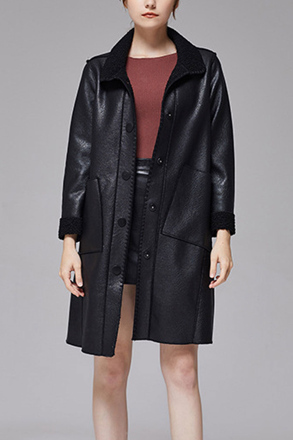 Women Latest Stylish Relax able Material Collar Neck Looses Long Sleeves & Patch Pocket Buttoned Fastener Warm Winter Leather Tr