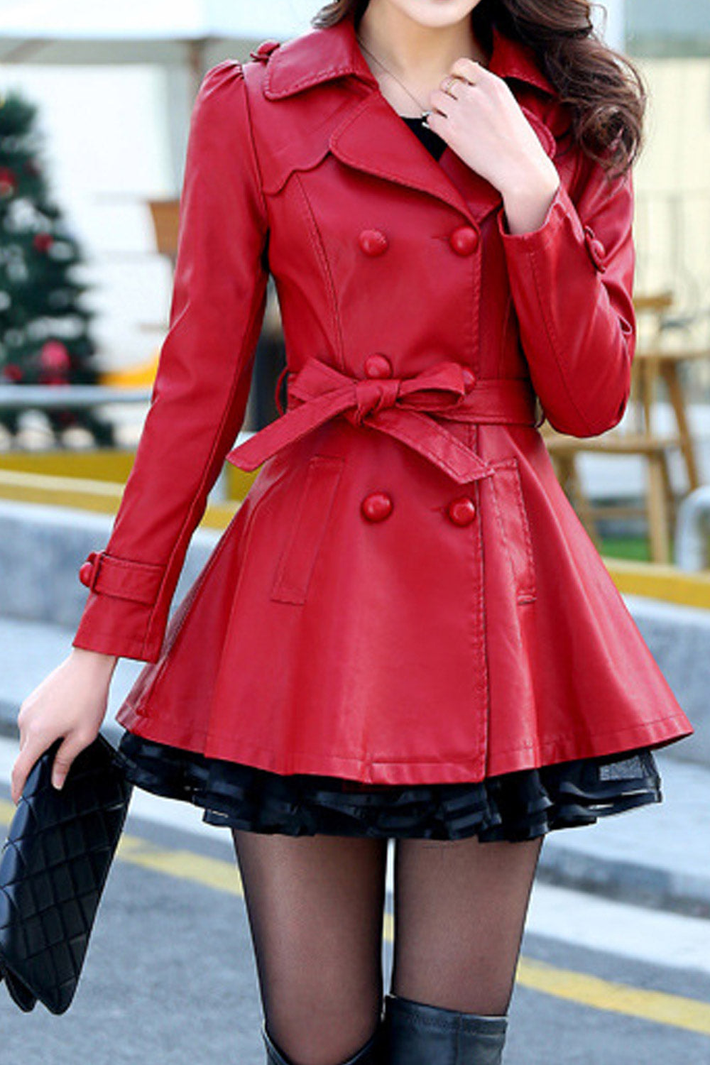 Women Fashionable Lapel Collar Neck Long Sleeves Waist Strap Side Slash Pocket Slim Long Warm padded Jacket