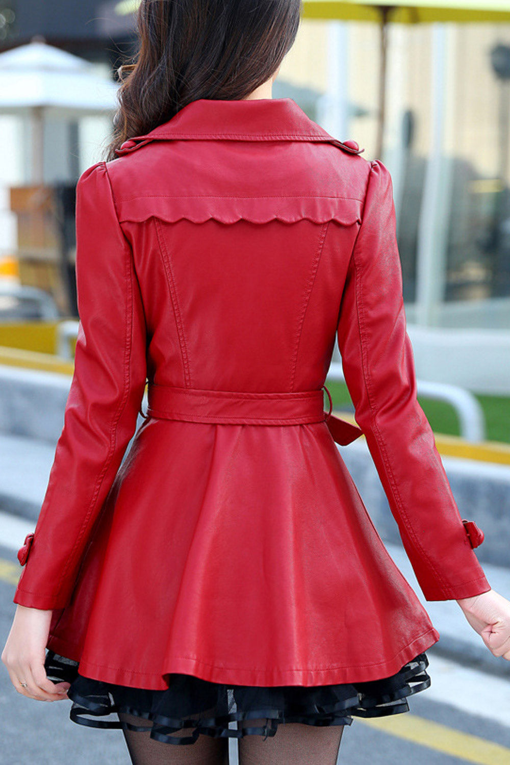 Women Fashionable Lapel Collar Neck Long Sleeves Waist Strap Side Slash Pocket Slim Long Warm padded Jacket