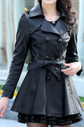 Women Fashionable Lapel Collar Neck Long Sleeves Waist Strap Side Slash Pocket Slim Long Warm padded Jacket