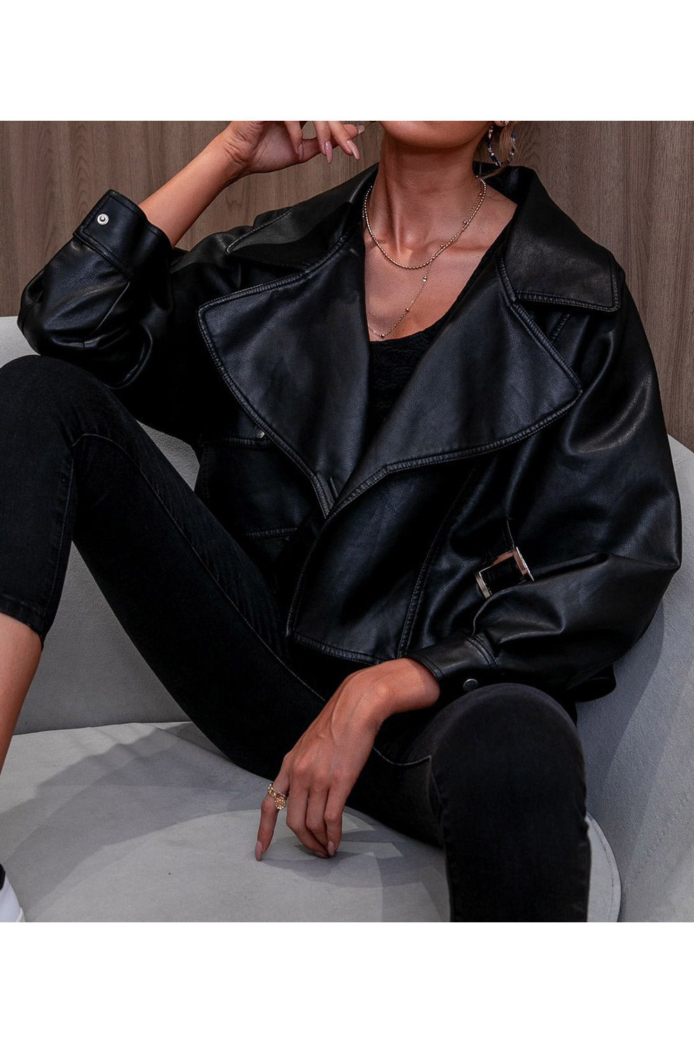 Women Charcoal Lapel Collar Buttoned Cuff Flap Closure Pocket & Camp Locker Model Style Leather Jacket