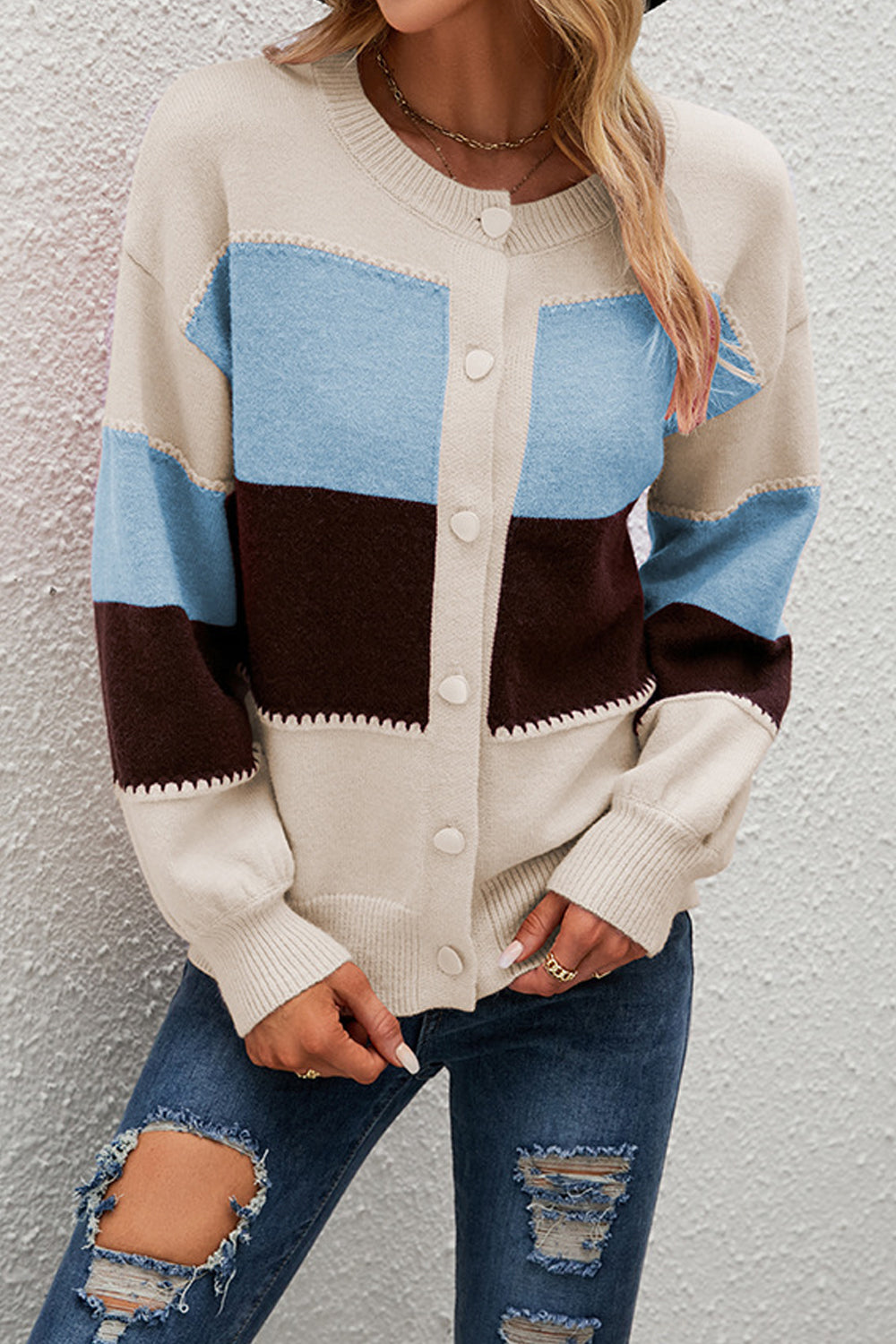 Women Delightful Round Neck Stripe Pattern Bishop Style Sleeve Button Closure Lovely Knitted Winter Warm Cardigan