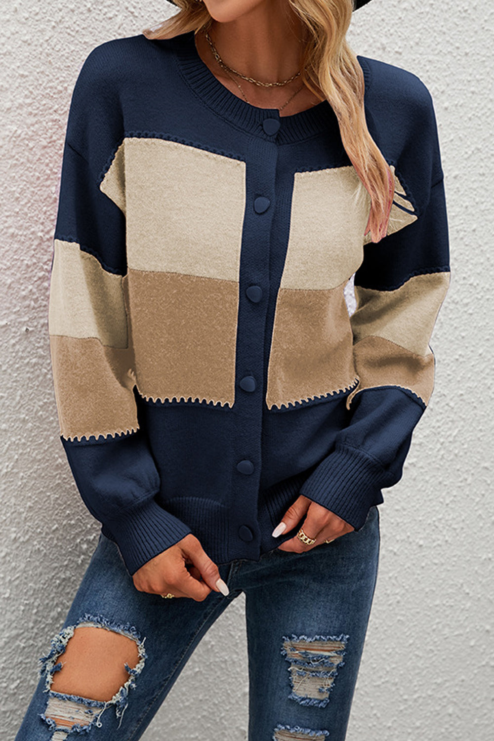 Women Delightful Round Neck Stripe Pattern Bishop Style Sleeve Button Closure Lovely Knitted Winter Warm Cardigan