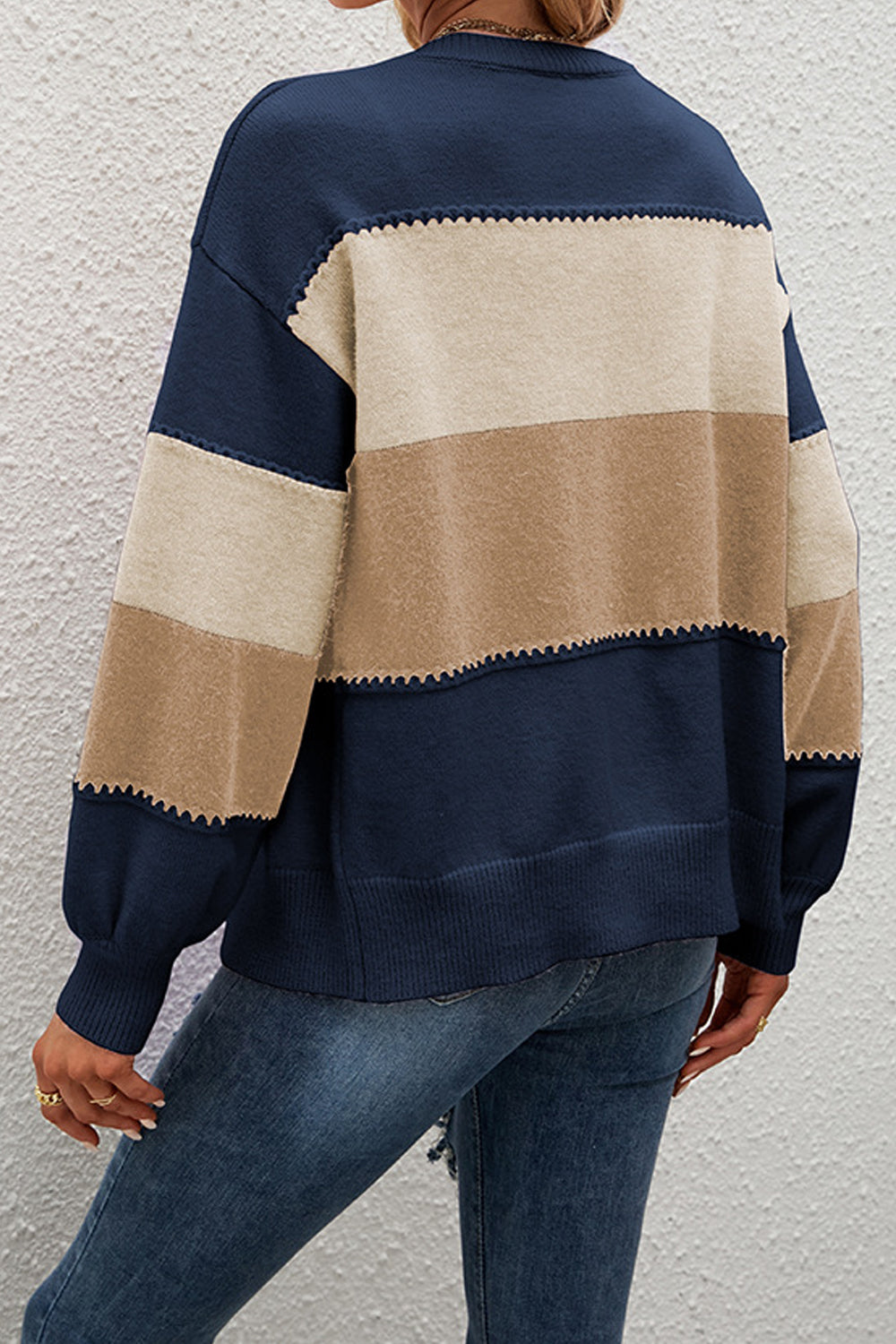 Women Delightful Round Neck Stripe Pattern Bishop Style Sleeve Button Closure Lovely Knitted Winter Warm Cardigan