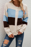 Women Delightful Round Neck Stripe Pattern Bishop Style Sleeve Button Closure Lovely Knitted Winter Warm Cardigan