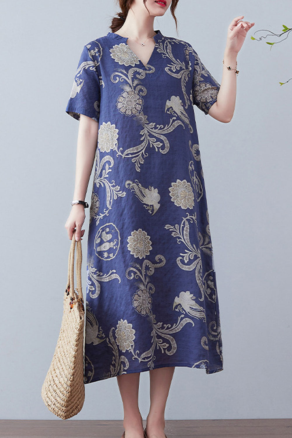 Women Plus Modern Flower Printed Short Sleeve V-Neck Trendy Summer Cool Dress