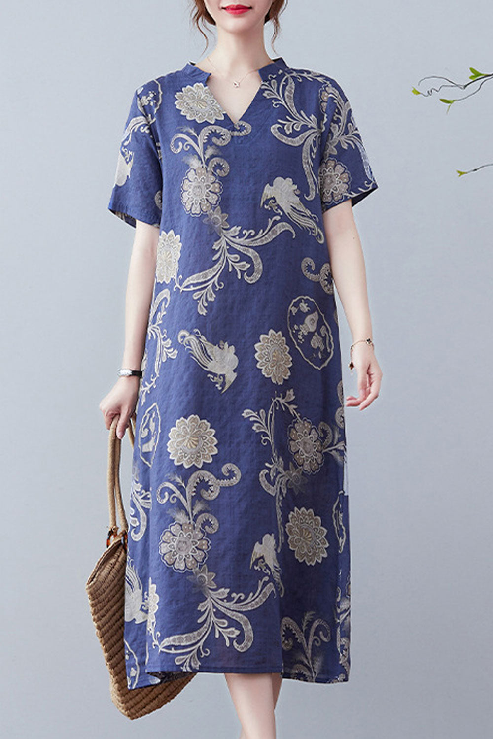 Women Plus Modern Flower Printed Short Sleeve V-Neck Trendy Summer Cool Dress