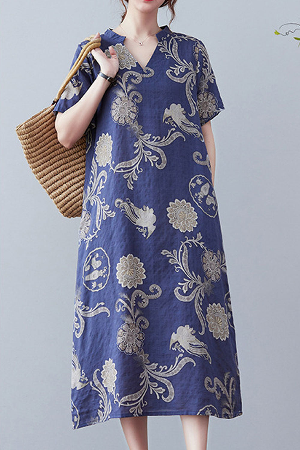 Women Plus Modern Flower Printed Short Sleeve V-Neck Trendy Summer Cool Dress