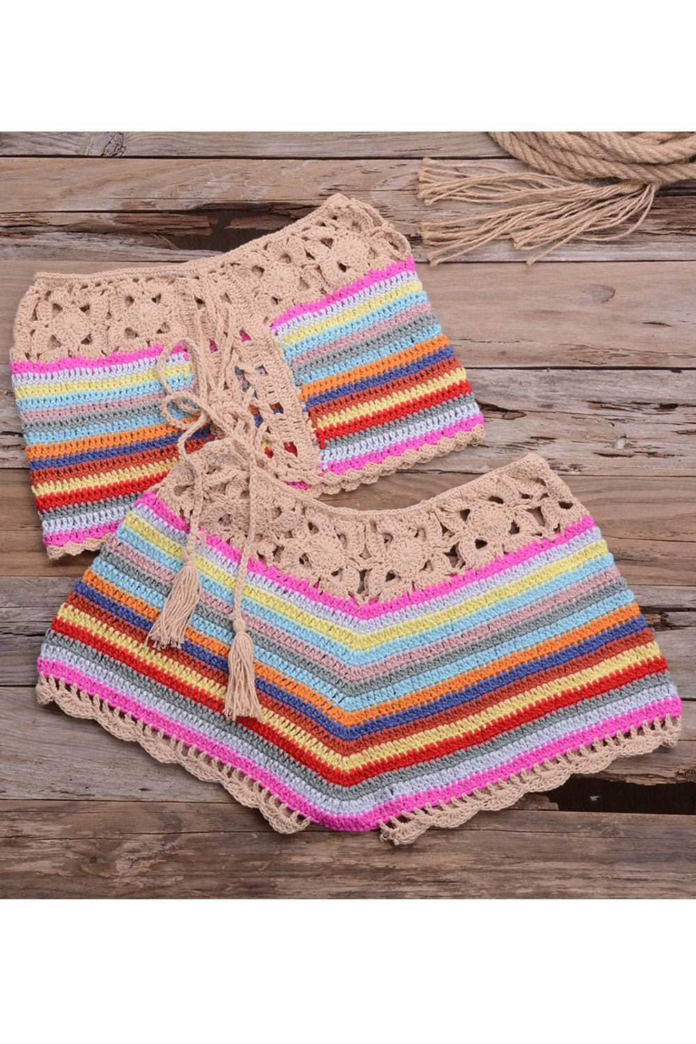 Women Rainbow Striped Off Shoulder Handmade Crochet Knitted Drawstring Lace Up Bikini Set