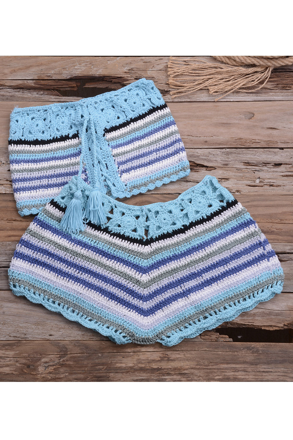 Women Rainbow Striped Off Shoulder Handmade Crochet Knitted Drawstring Lace Up Bikini Set