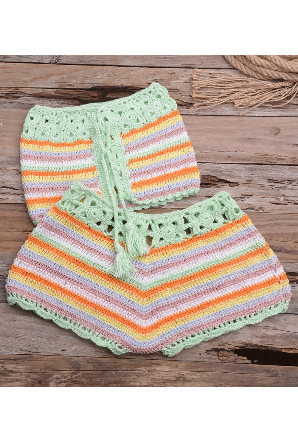 Women Rainbow Striped Off Shoulder Handmade Crochet Knitted Drawstring Lace Up Bikini Set