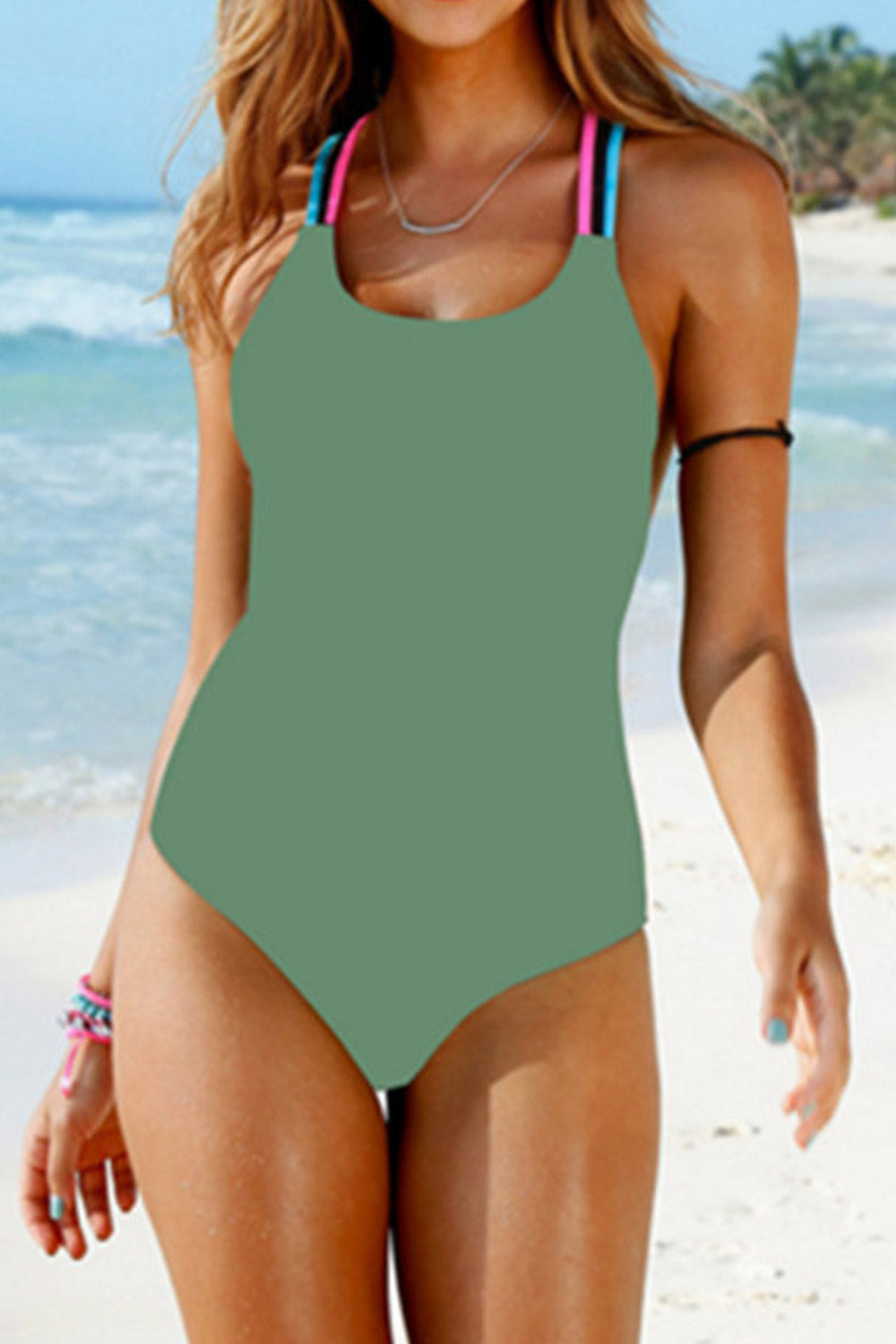 Women Tummy Control Lace-up Backless Beachwear Rainbow Swimwear