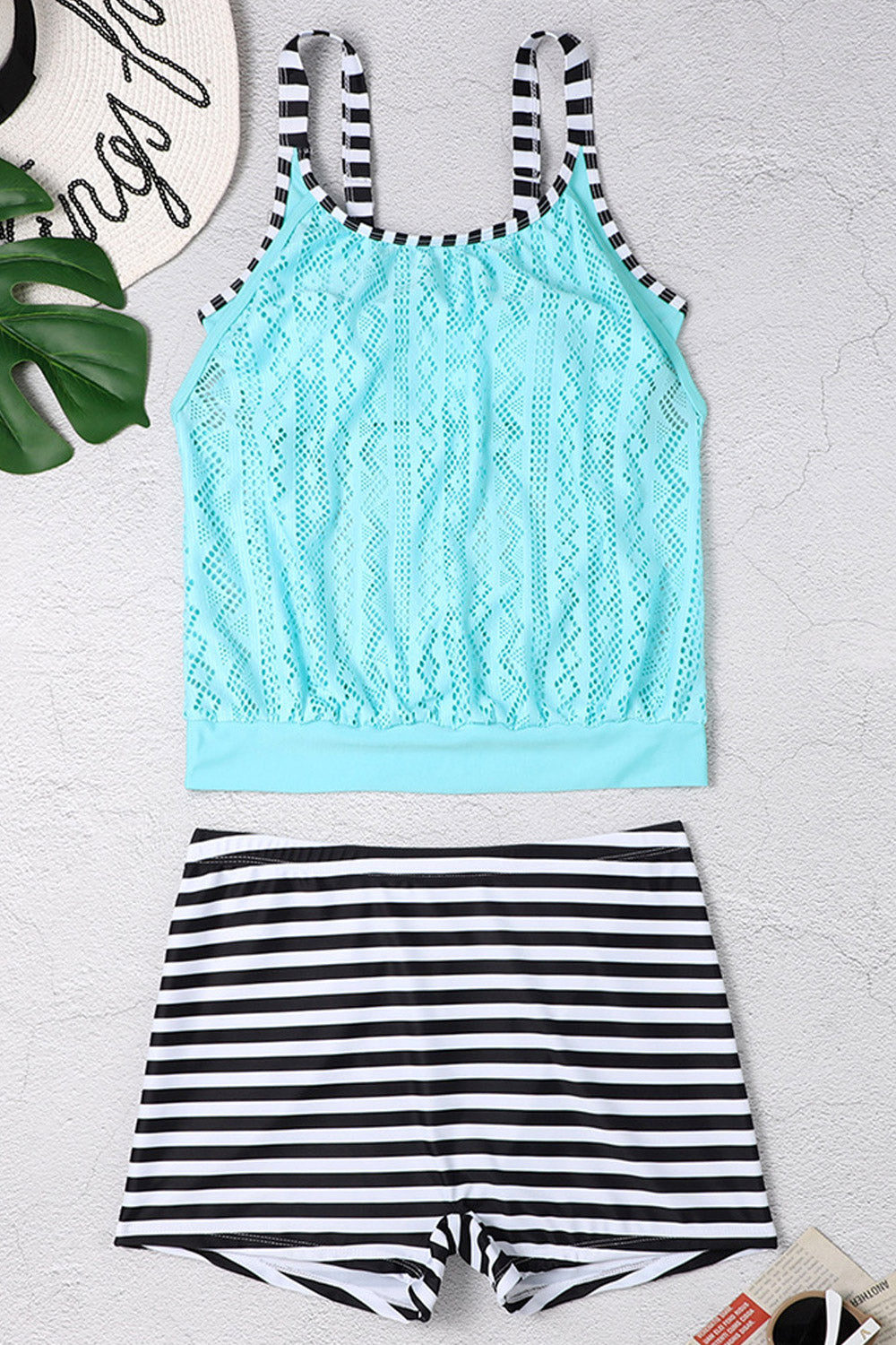 Women Summer Lace Stitching Leaf Print Tankini Set