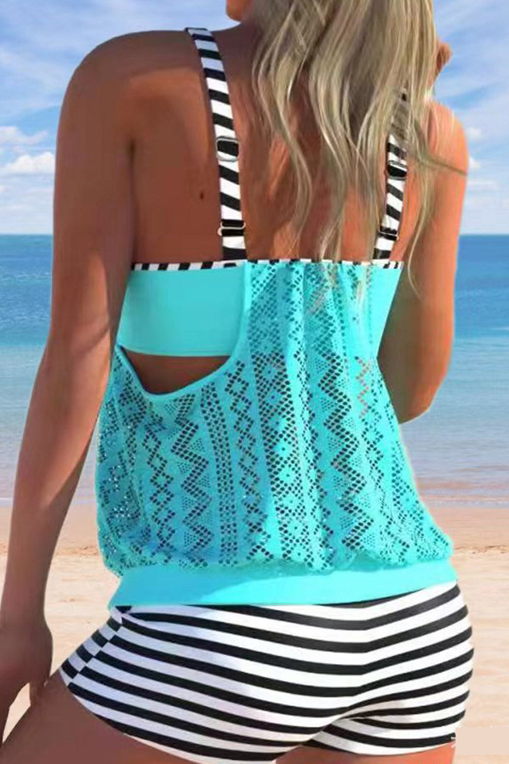 Women Summer Lace Stitching Leaf Print Tankini Set