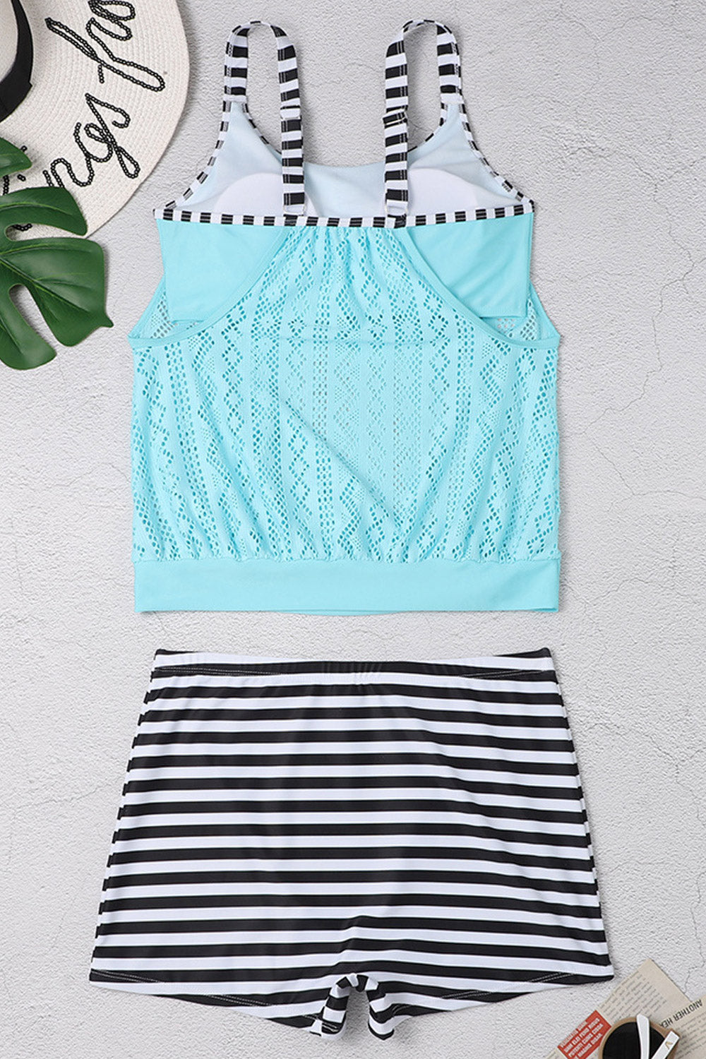 Women Summer Lace Stitching Leaf Print Tankini Set