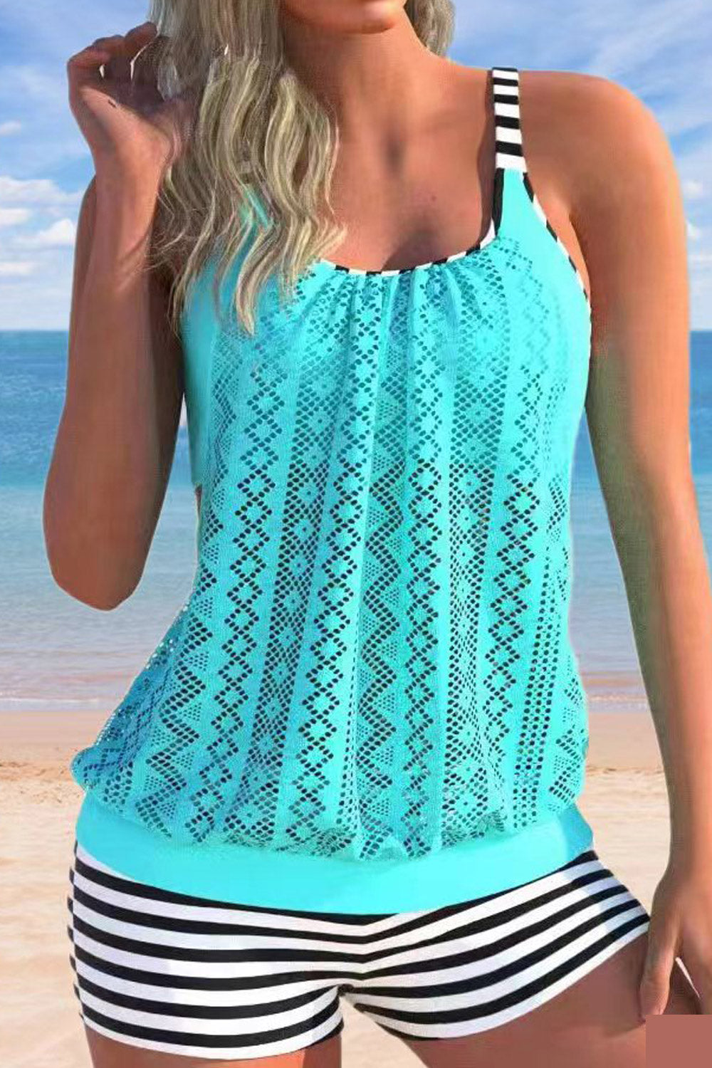 Women Summer Lace Stitching Leaf Print Tankini Set