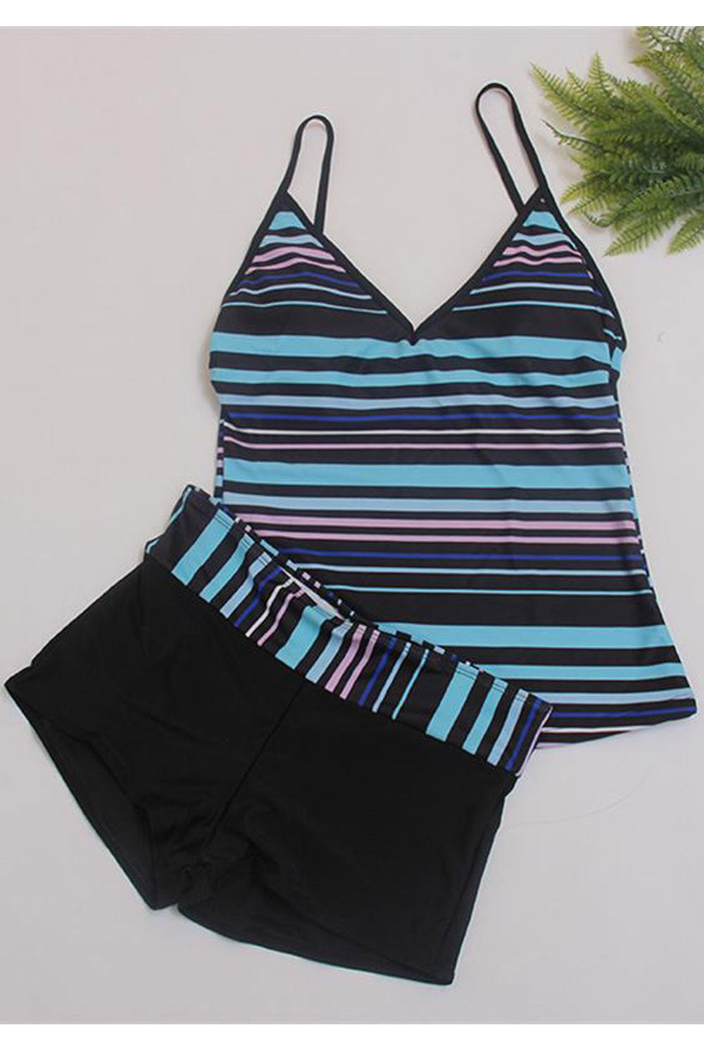 Women Printed Striped Split Flat Angle Tankini 2 pieces Swimsuit