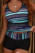 Women Printed Striped Split Flat Angle Tankini 2 pieces Swimsuit