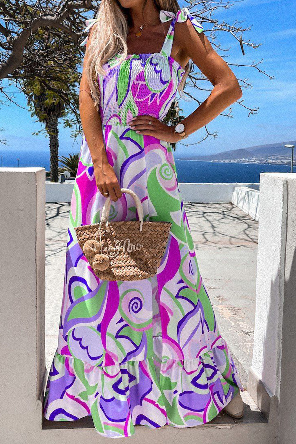 Women Summer Abstract Print Casual Off Shoulder Crew Neck Maxi Dresses