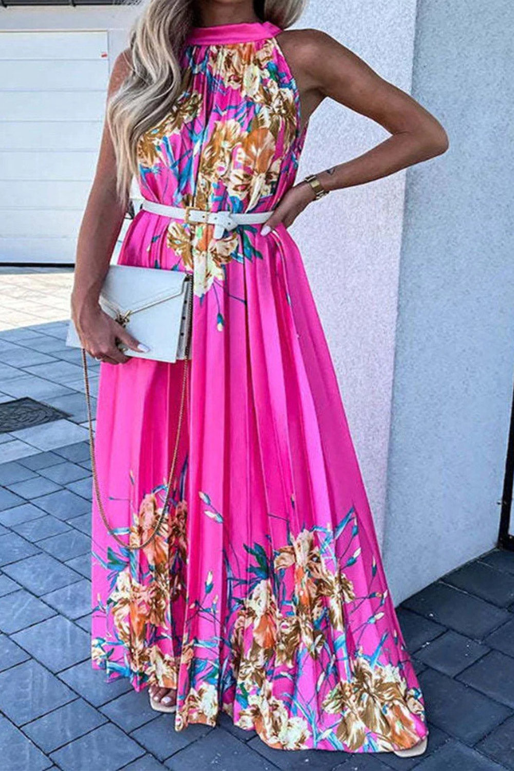 Women's Fashion Printed Round Neck Sleeveless Long Skirt Dress