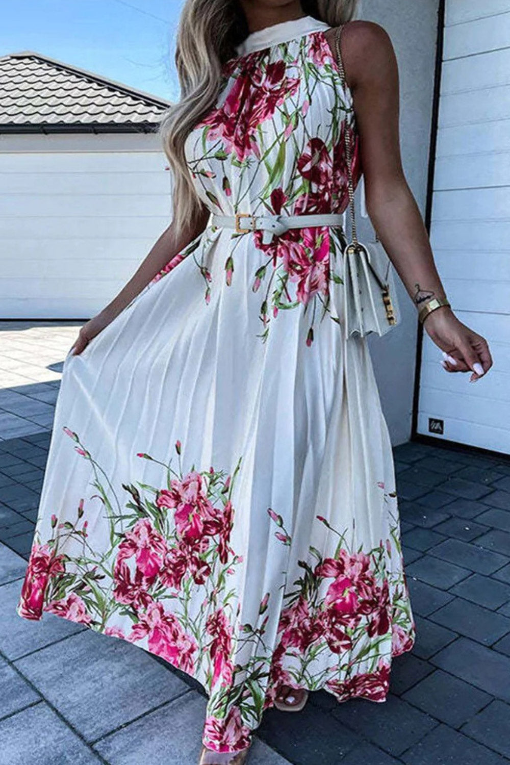 Women's Fashion Printed Round Neck Sleeveless Long Skirt Dress