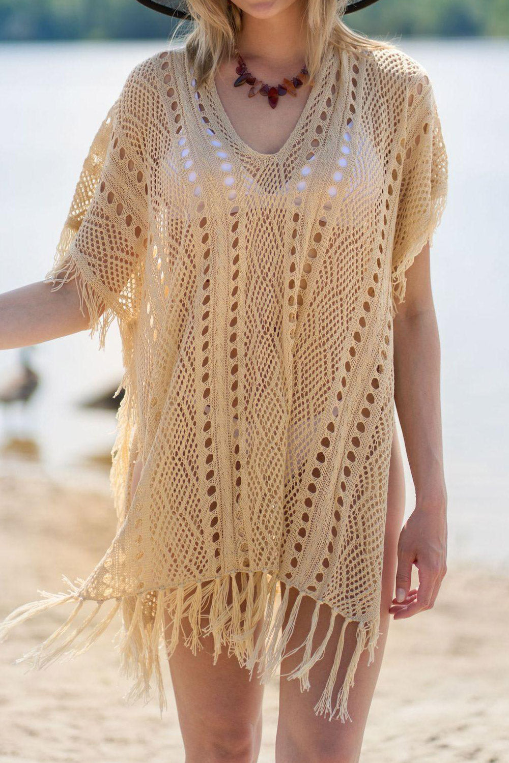 Women Beige Crochet Dress Tassel Knitted Tunic Summer Loose See Through Swimsuit
