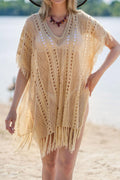 Women Beige Crochet Dress Tassel Knitted Tunic Summer Loose See Through Swimsuit