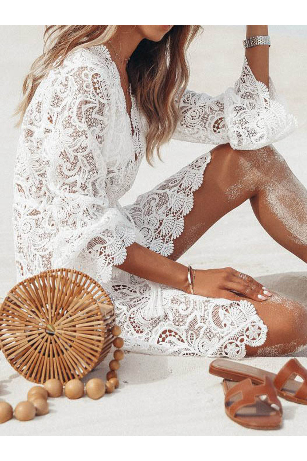 Women New Fashion Loose Style Lace Patchwork Polyester Fiber Beach Style Lace Cover up