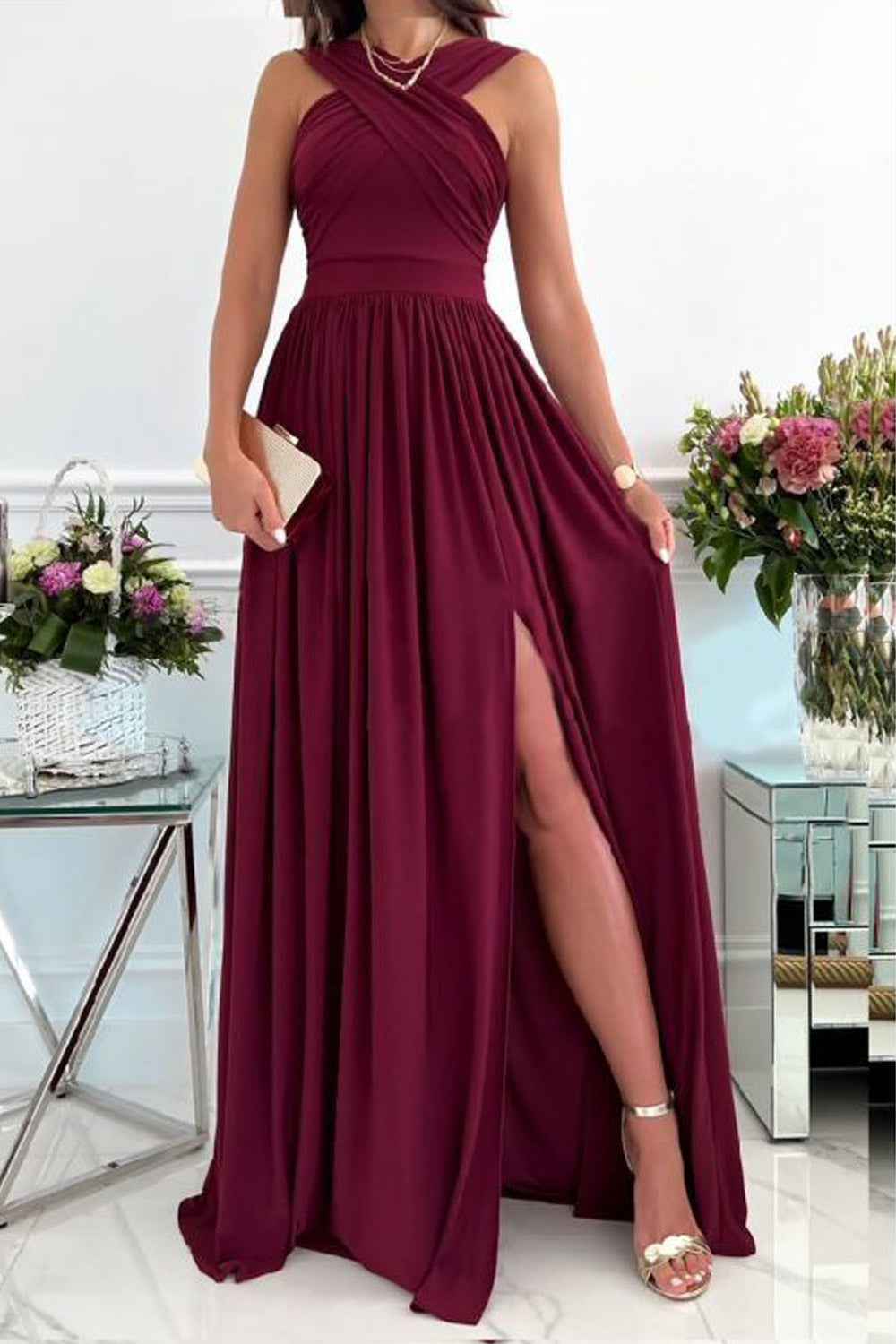Women Elegant Cross Wrap Halter Straps Summer Evening Wedding Dress