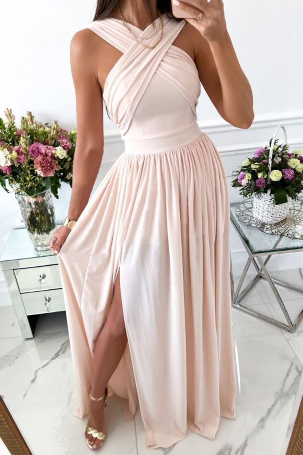 Women Elegant Cross Wrap Halter Straps Summer Evening Wedding Dress