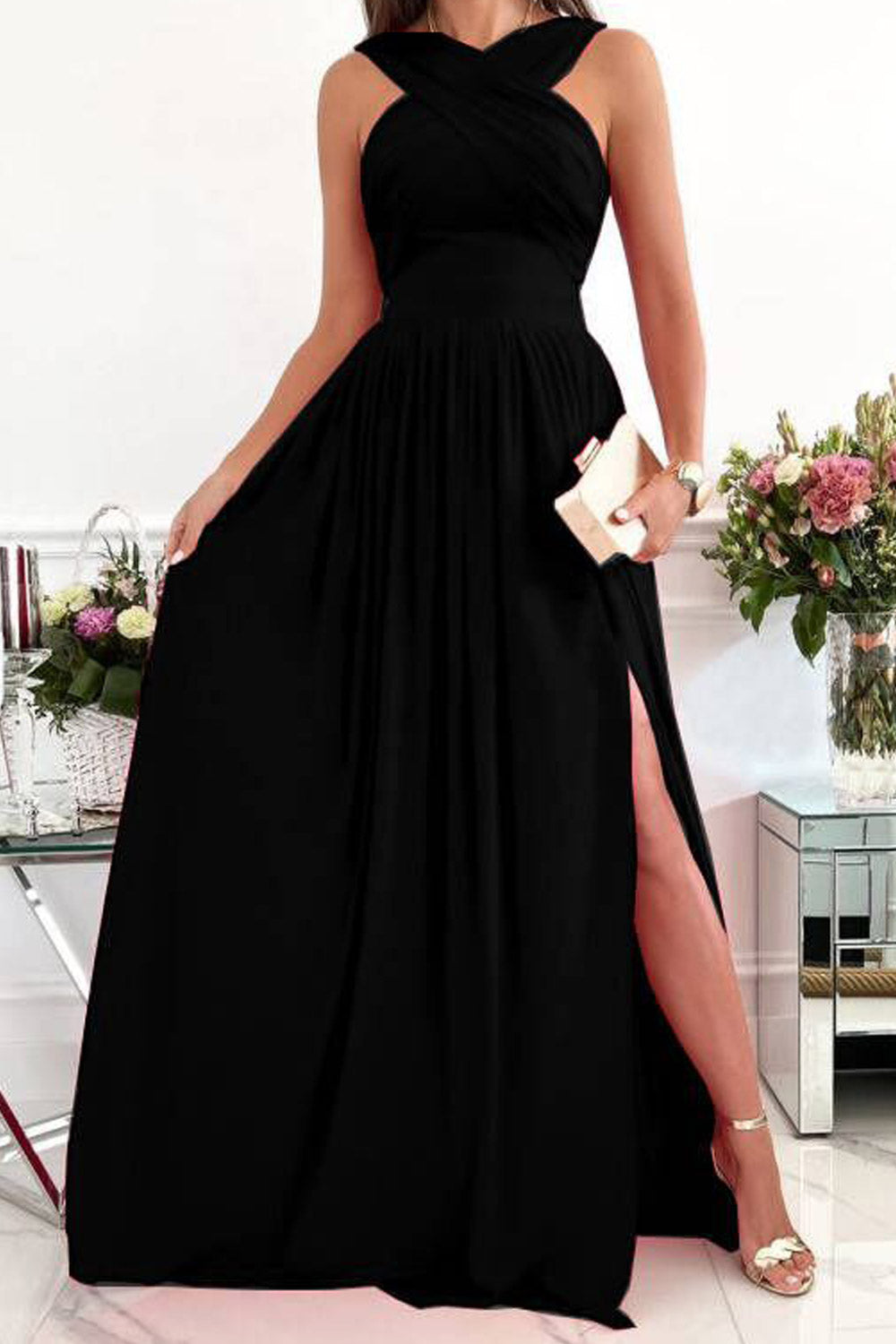 Women Elegant Cross Wrap Halter Straps Summer Evening Wedding Dress