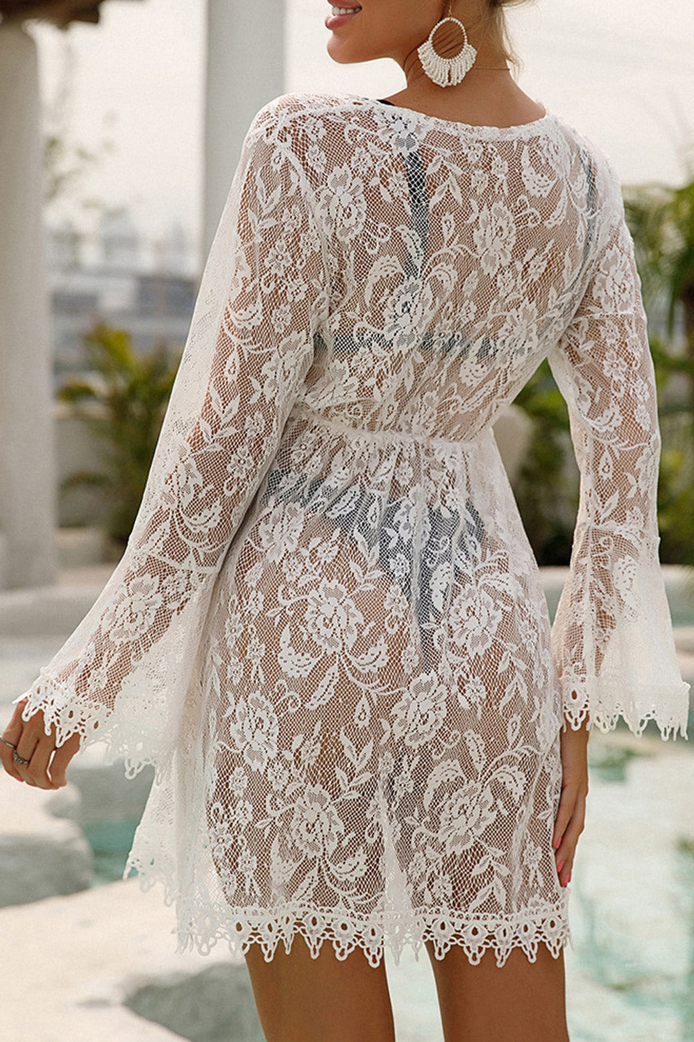 Women White Flower Lace Bikini Cover-Up Stylish Beachwear with V-Neck Flounce and Sleeves