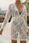 Women White Flower Lace Bikini Cover-Up Stylish Beachwear with V-Neck Flounce and Sleeves