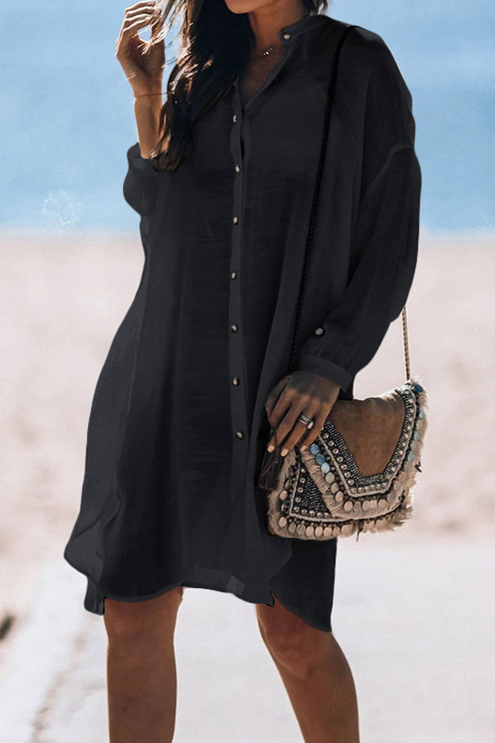 Women Summer Tunic Shirt V-Neck Solid Button Casual Sunscreen Swimsuit Blouse