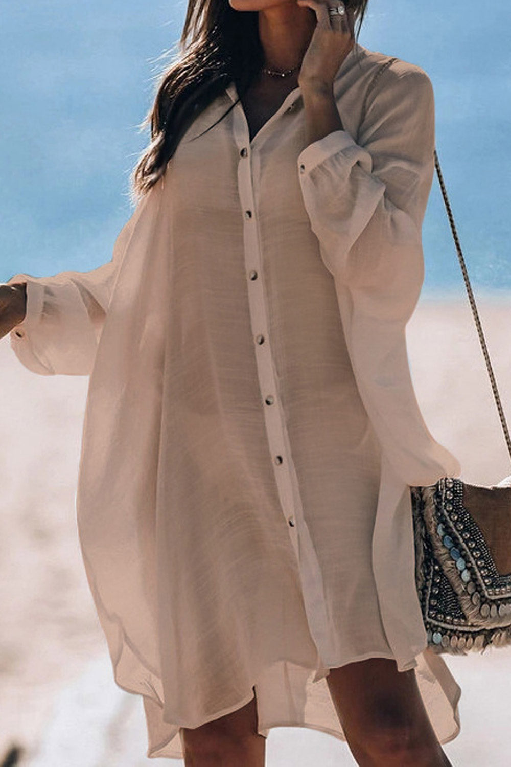 Women Summer Tunic Shirt V-Neck Solid Button Casual Sunscreen Swimsuit Blouse