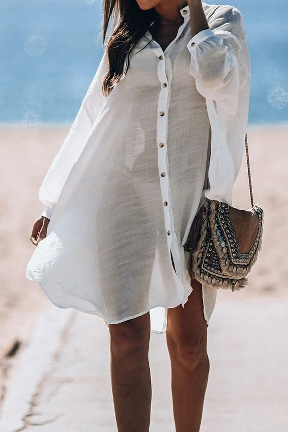 Women Summer Tunic Shirt V-Neck Solid Button Casual Sunscreen Swimsuit Blouse