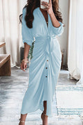 Women Elegant Satin Button Down Short Sleeve Maxi Shirt Dress