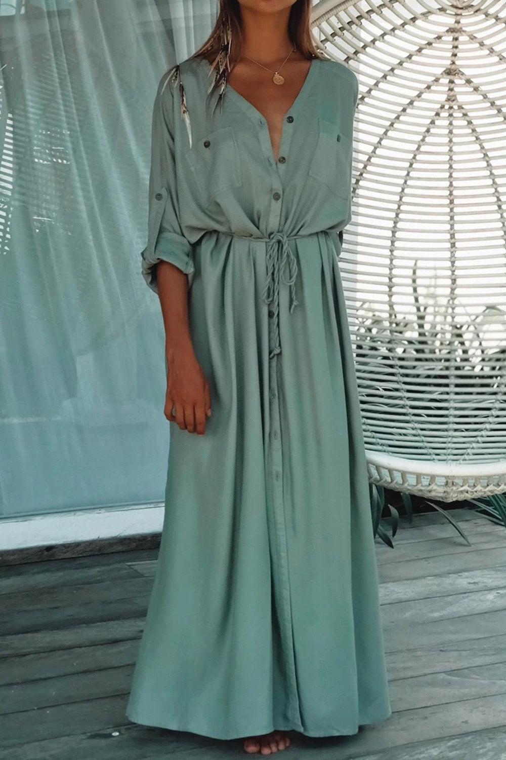 Women's Maxi Long Beach Dress V-neck Button Down Beach Cover Up