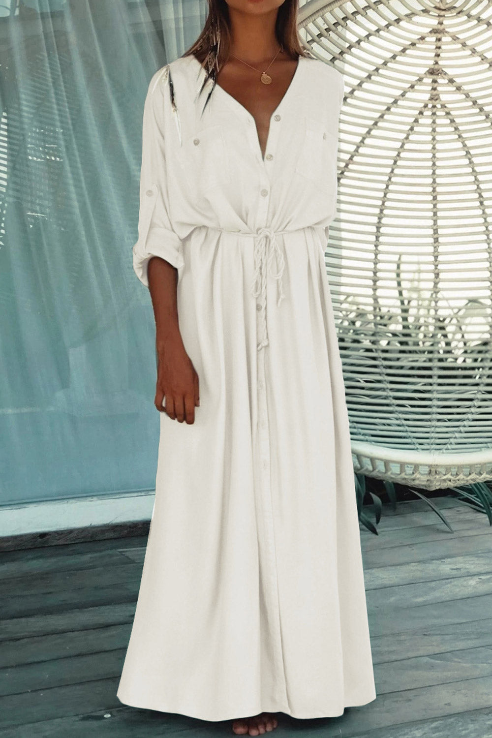 Women's Maxi Long Beach Dress V-neck Button Down Beach Cover Up