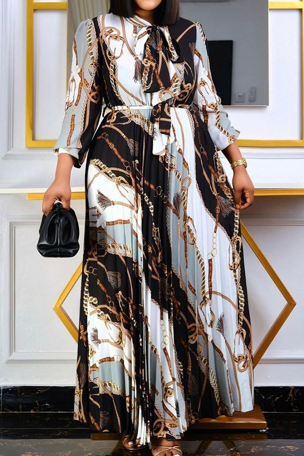 Women Plus Vintage Long Sleeve Printed Pleated Ribbon Long skirt Dress.
