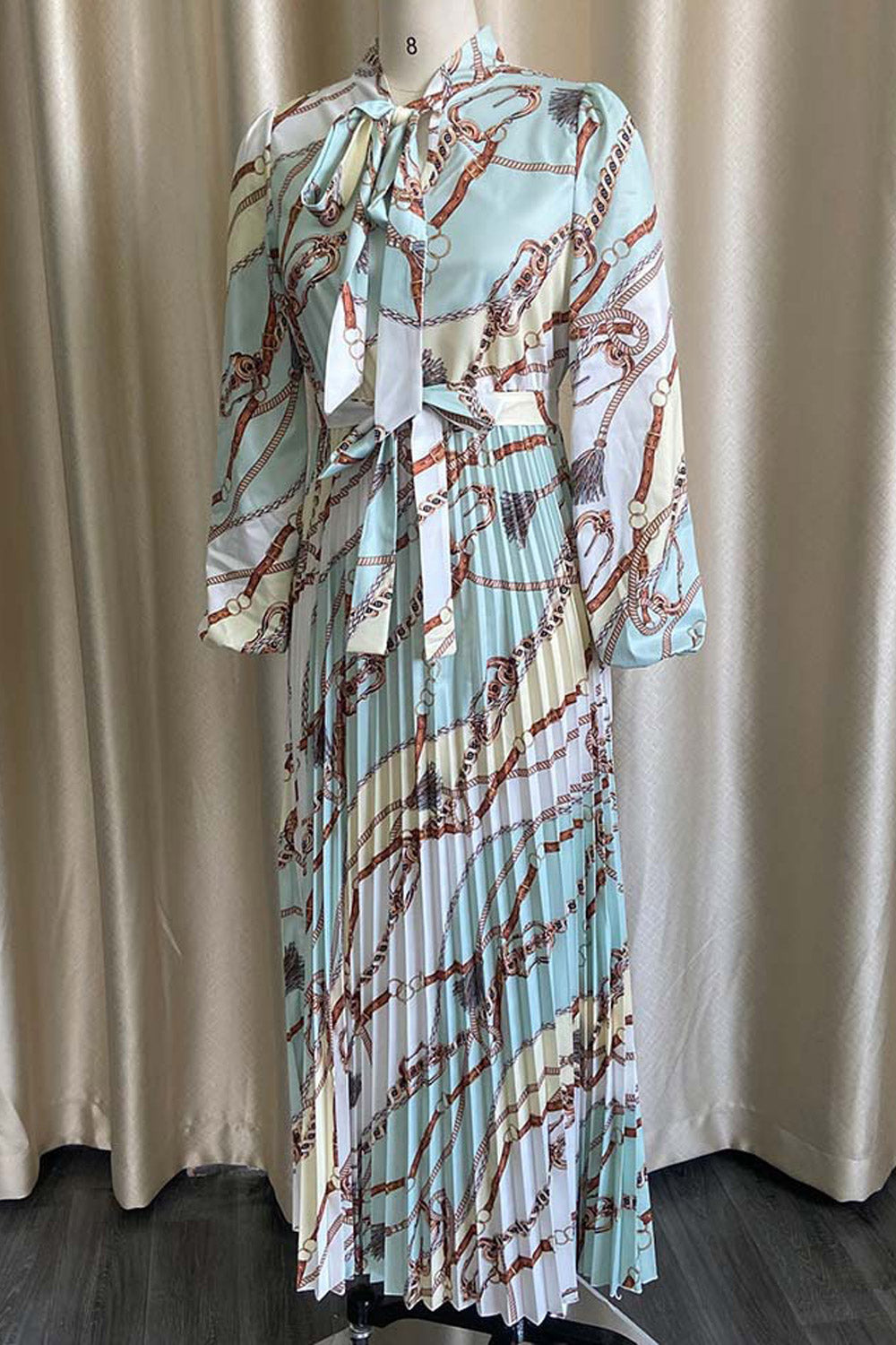 Women Plus Vintage Long Sleeve Printed Pleated Ribbon Long skirt Dress.